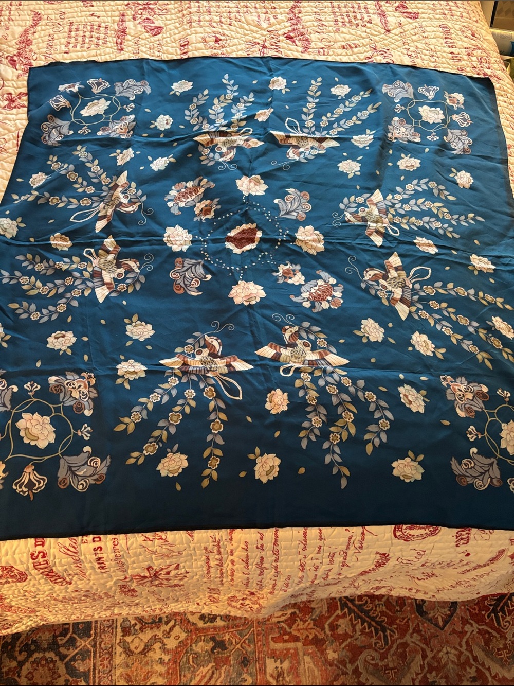 VINTAGE Scarf-Teal Blue Hue with Florals and Birds Pattern